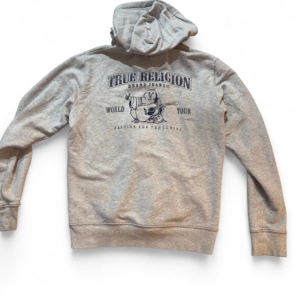 True Religion Light Grey Zip-Up Hoodie with‎ Navy Velvet Logo Graphic — L - Y2K